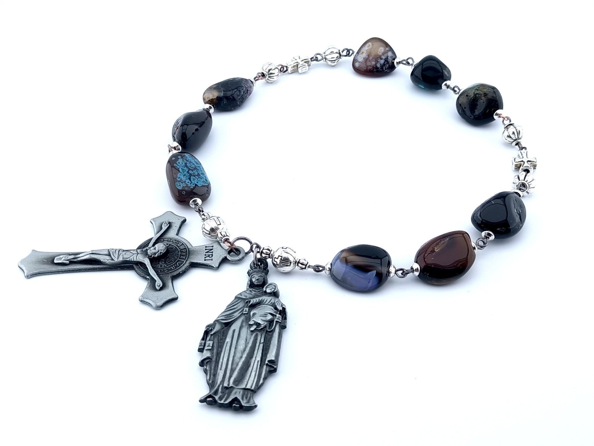 Our Lady of Mount Carmel unique rosary beads prayer chaplet with agate nugget beads, pewter crucifix and Our Lady end medal.