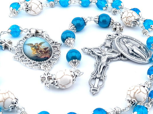 Saint Michael unique rosary beads prayer chaplet with blue glass and white gemstone beads, silver crucifix, picture centre medal and large miraculous medal.