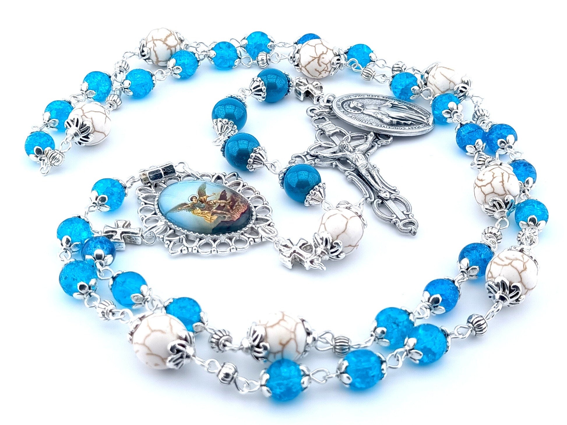 Saint Michael unique rosary beads prayer chaplet with blue glass and white gemstone beads, silver crucifix, picture centre medal and large miraculous medal.