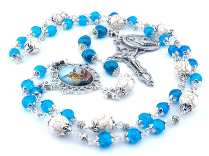 Saint Michael unique rosary beads prayer chaplet with blue glass and white gemstone beads, silver crucifix, picture centre medal and large miraculous medal.