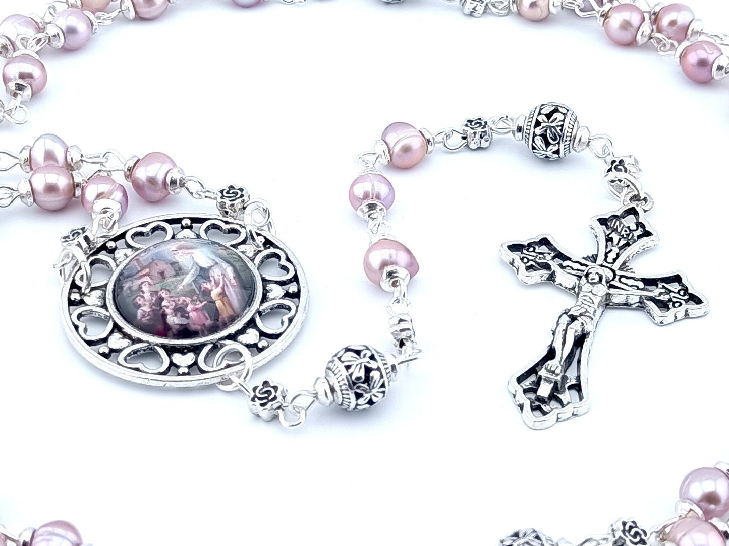 Virgin Mary and children unique rosary beads with pink fresh water pearl beads, silver pater beads, crucifix and picture centre medal.