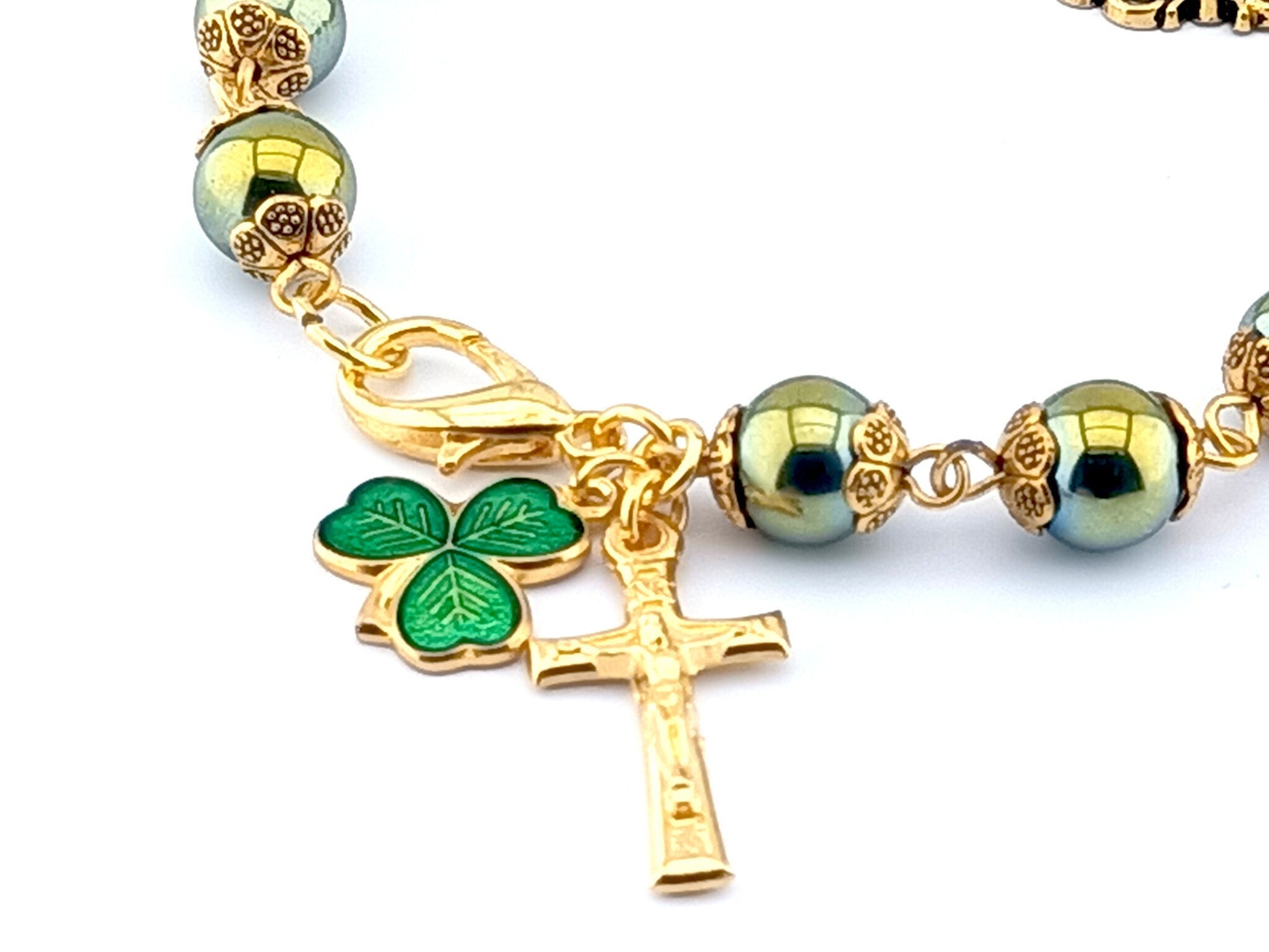 Our Lady of Sorrows unique rosary beads single decade bracelet with green hemitite beads, golden bead caps, crucifix, lobster clasp and picture medal.