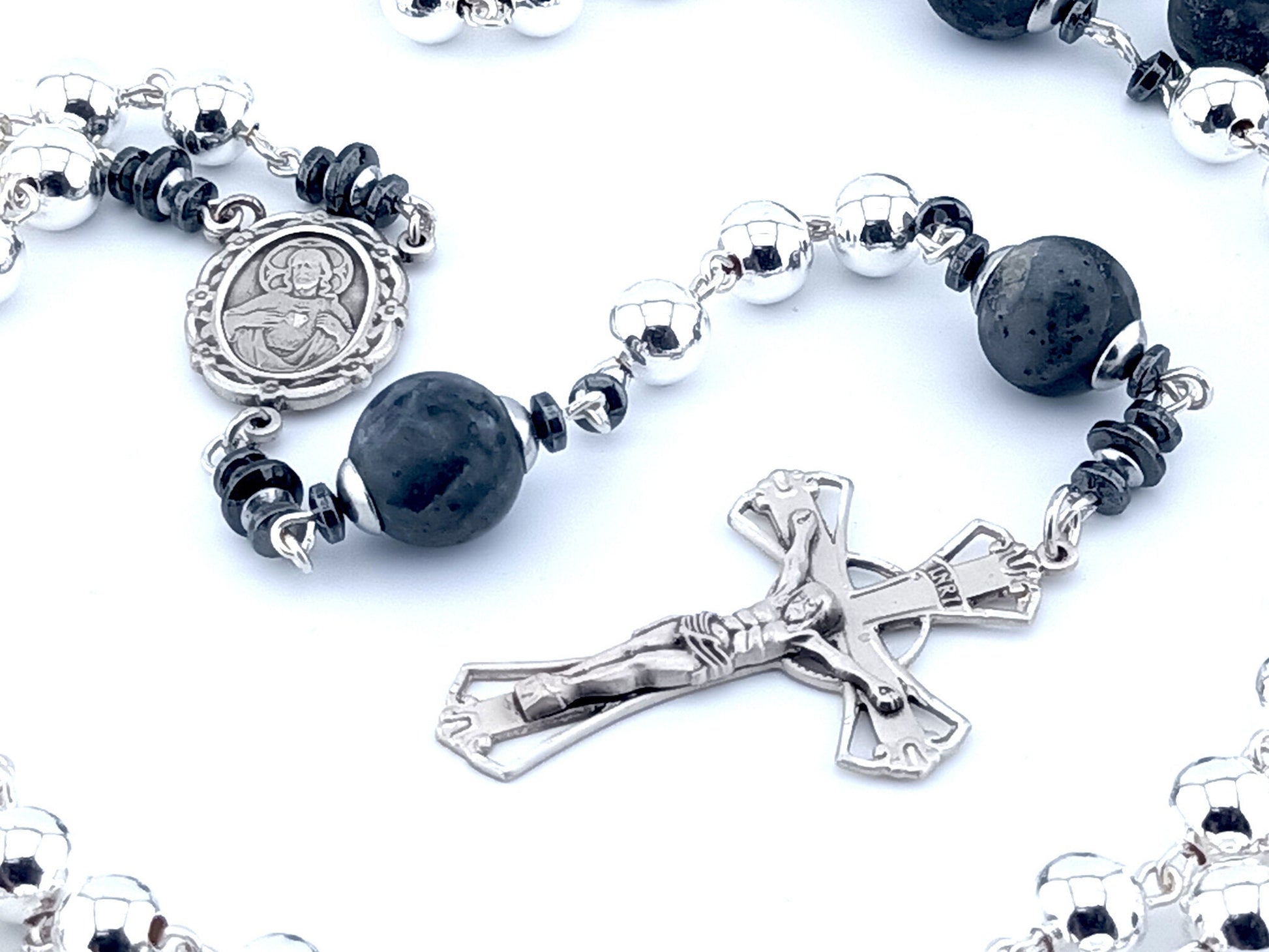Sacred Heart of Jesus unique rosary beads with genuine 925 silver beads, wire, centre medal and crucifix.