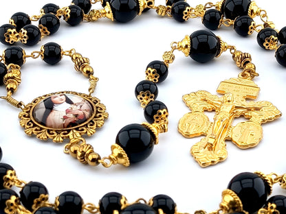 Saint Therese of Lisieux unique rosary beads with onyx beads, gold pardon crucifix, picture centre medal, bead caps and wire.