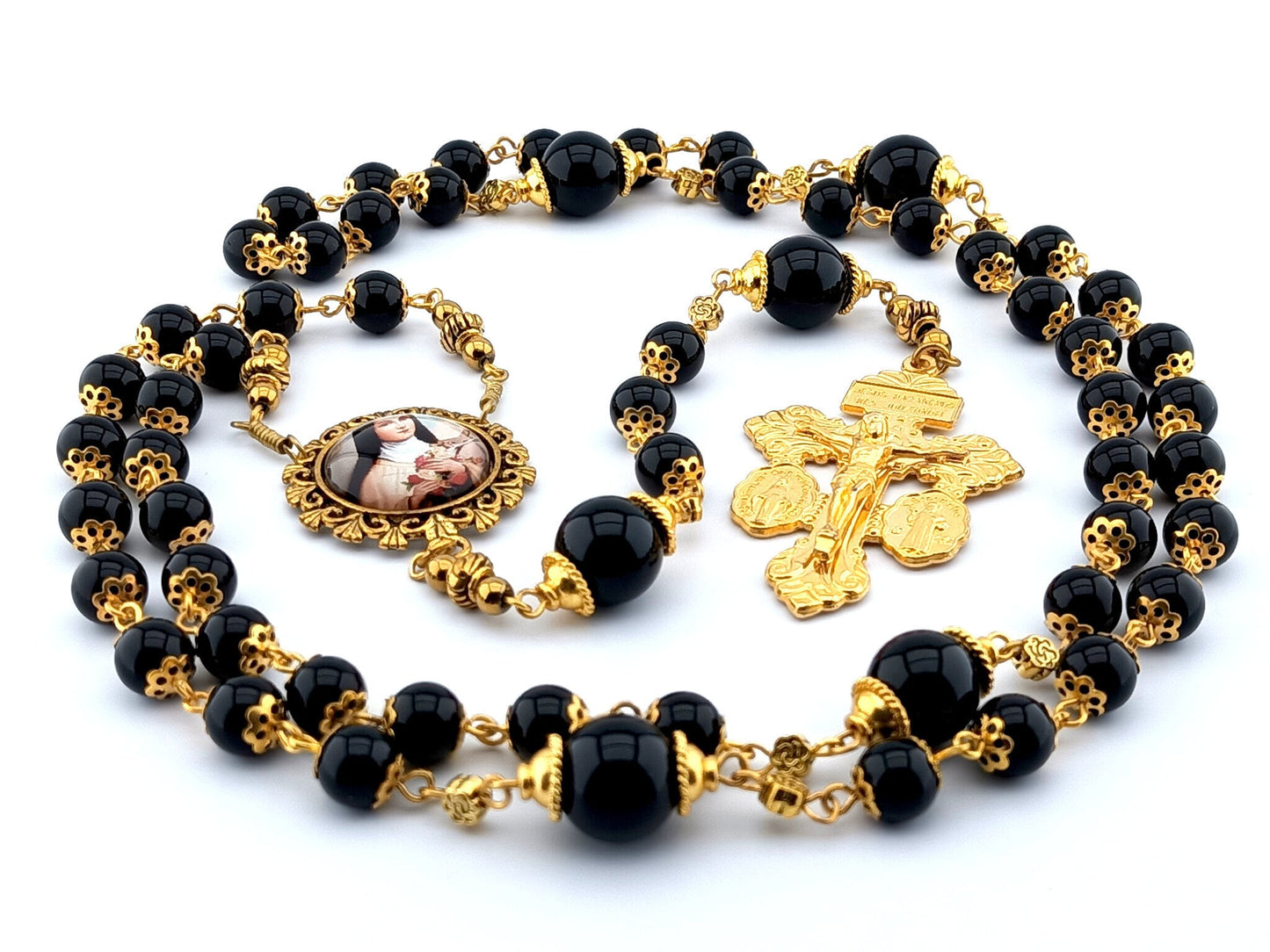 Saint Therese of Lisieux unique rosary beads with onyx beads, gold pardon crucifix, picture centre medal, bead caps and wire.