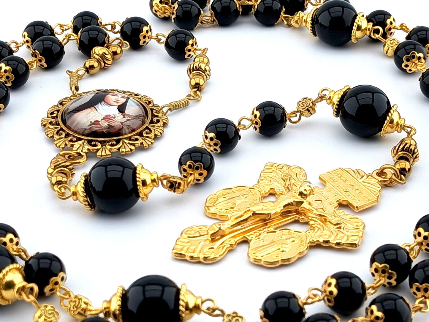 Saint Therese of Lisieux unique rosary beads with onyx beads, gold pardon crucifix, picture centre medal, bead caps and wire.