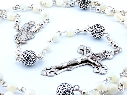 Our Lady of Grace unique rosary beads genuine 925 silver and mother of pearl rosary with 925 sterling silver crucifix and centre medal, pater beads and wire.