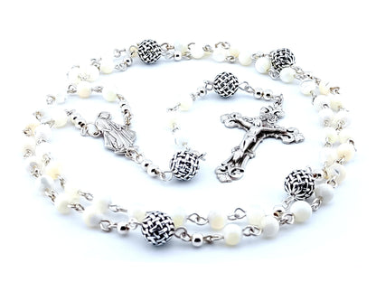 Our Lady of Grace unique rosary beads genuine 925 silver and mother of pearl rosary with 925 sterling silver crucifix and centre medal, pater beads and wire.