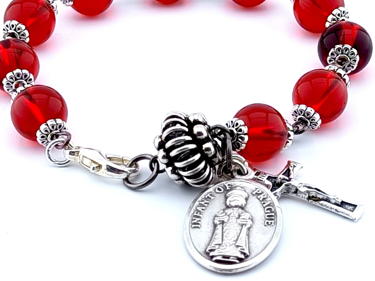 Infant of Prague unique rosary beads single decade bracelet with red glass beads, silver pater bead, crucifix and medal.