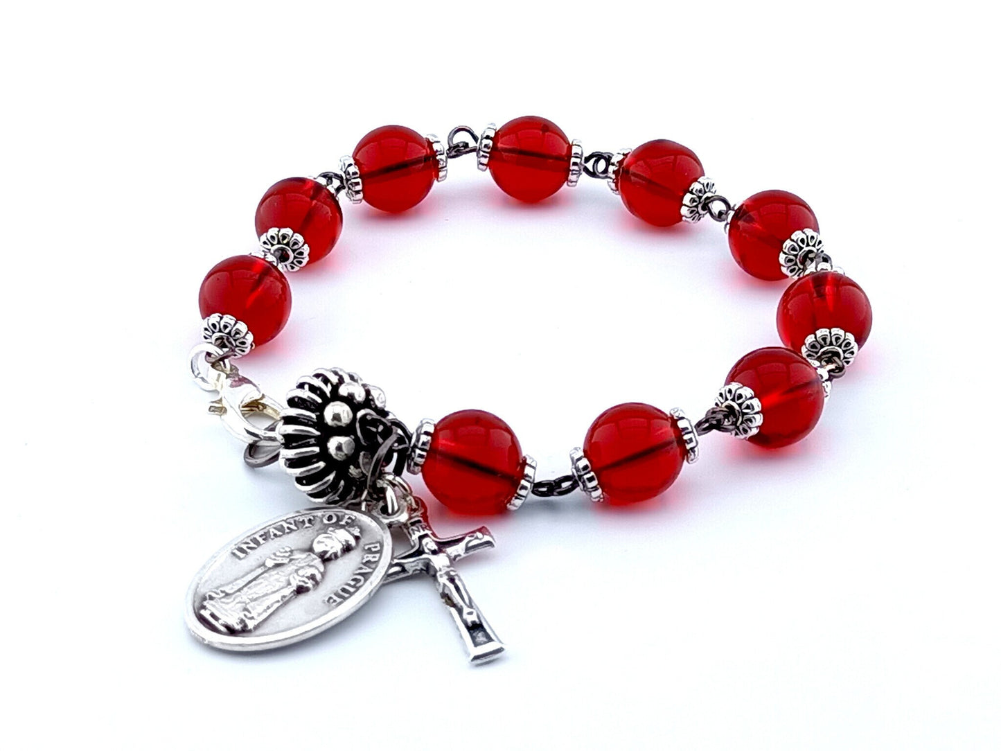 Infant of Prague unique rosary beads single decade bracelet with red glass beads, silver pater bead, crucifix and medal.