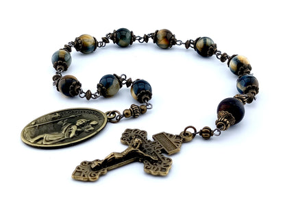 Saint Christopher and Saint Anthony unique rosary beads single decade rosary with tigers eye gemstone beads, bronze Pardon crucifix, end medal and bead caps.