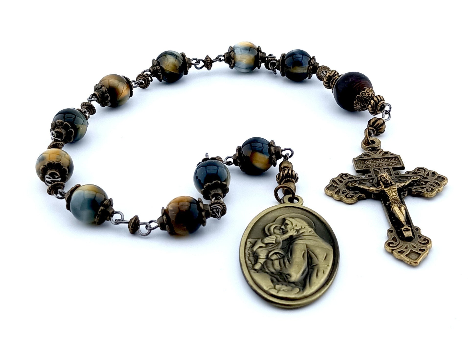 Saint Christopher and Saint Anthony unique rosary beads single decade rosary with tigers eye gemstone beads, bronze Pardon crucifix, end medal and bead caps.