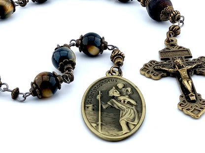 Saint Christopher and Saint Anthony unique rosary beads single decade rosary with tigers eye gemstone beads, bronze Pardon crucifix, end medal and bead caps.