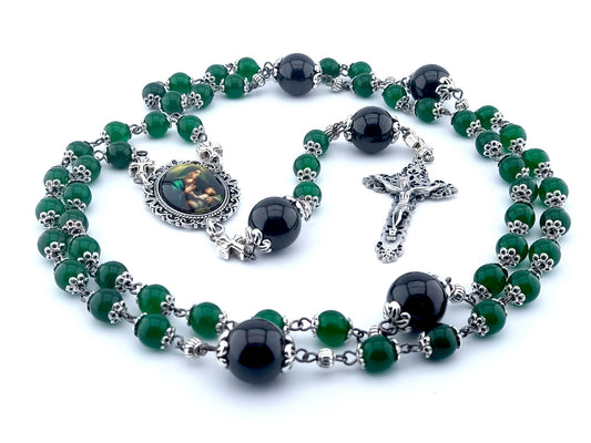 The Nativity unique rosary beads with green jasper gemstone beads, silver crucifix and picture centre medal, large garnet pater beads and silver bead caps and cross linking beads.
