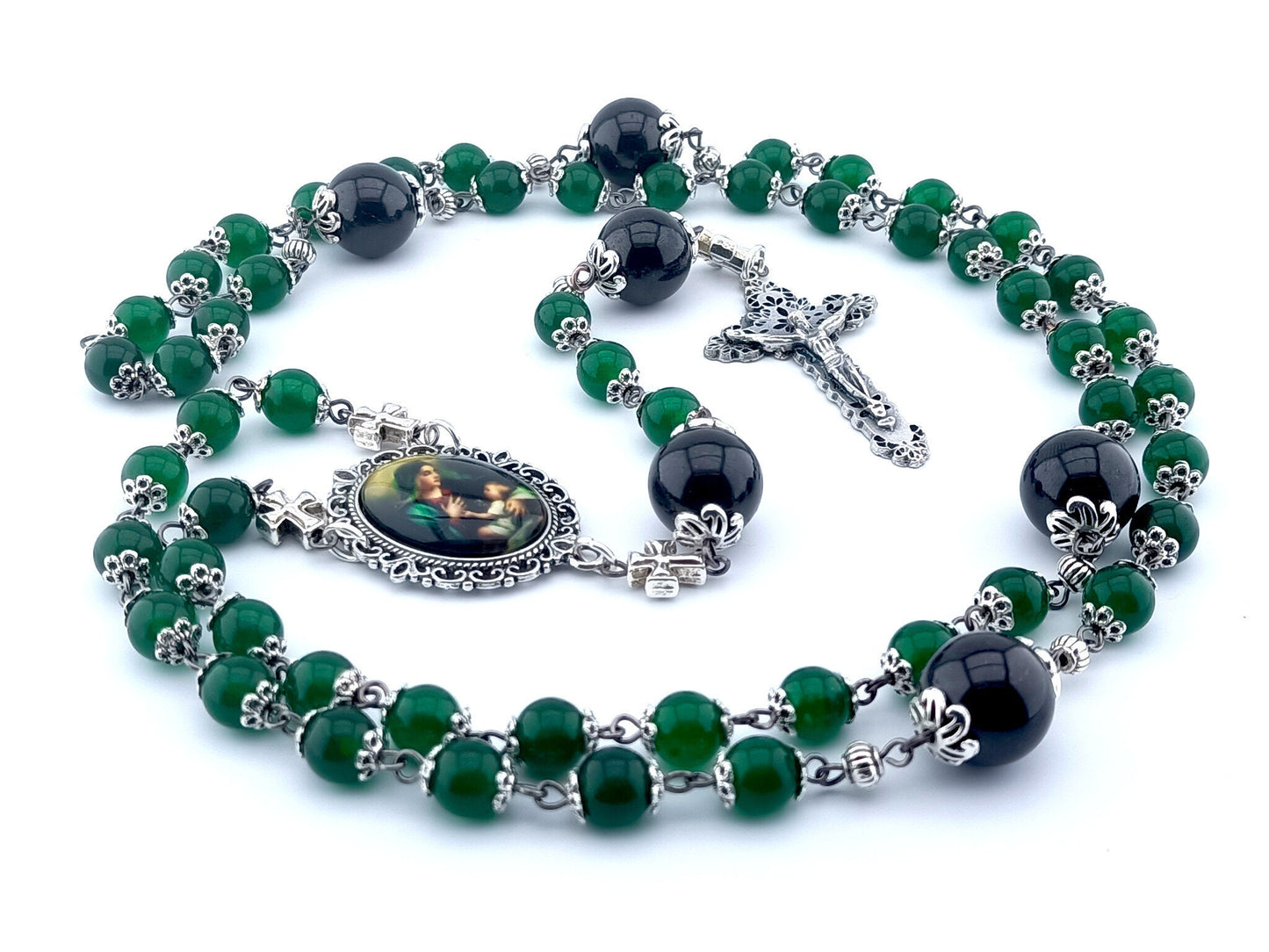 The Nativity unique rosary beads with green jasper gemstone beads, silver crucifix and picture centre medal, large garnet pater beads and silver bead caps and cross linking beads.