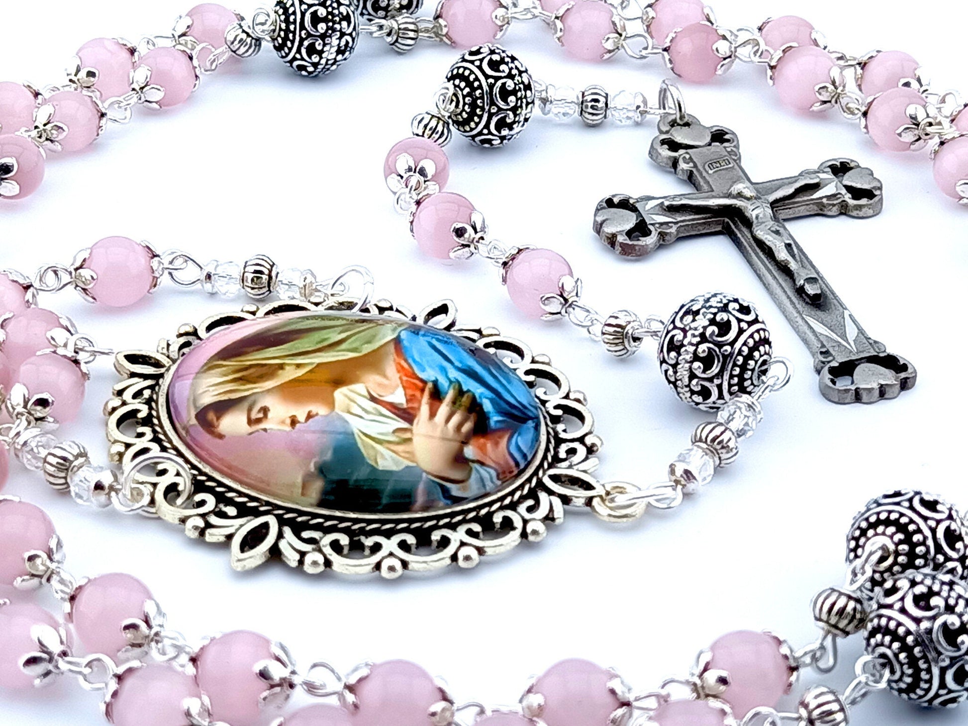 Our Lady's Fiat unique rosary beads with pink glass tigers eye beads, silver pater beads, pewter crucifix and silver picture centre medal.