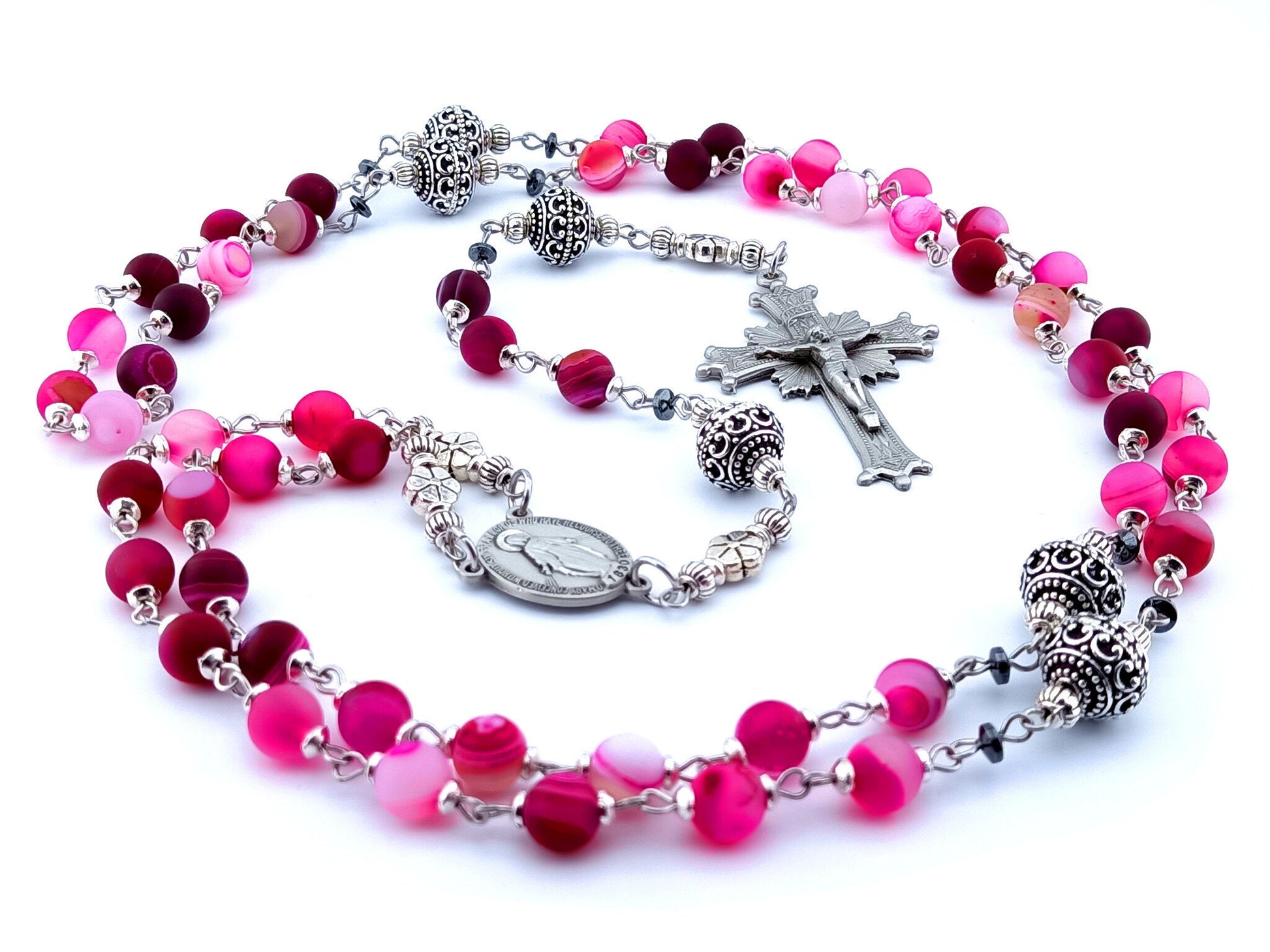 Miraculous medal unique rosary beads with purple agate gemstone beads, silver pater beads, pewter crucifix and centre medal and stainless steel wire.