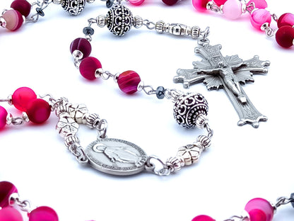Miraculous medal unique rosary beads with purple agate gemstone beads, silver pater beads, pewter crucifix and centre medal and stainless steel wire.