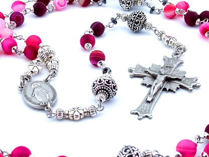 Miraculous medal unique rosary beads with purple agate gemstone beads, silver pater beads, pewter crucifix and centre medal and stainless steel wire.