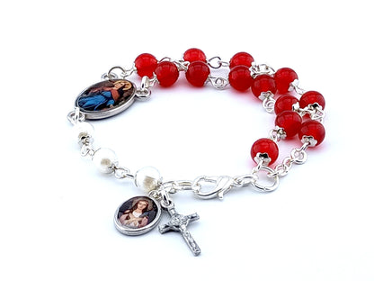 Saint Philomena unique rosary beads prayer chaplet bracelet with red jasper and white beads, silver lobster clasp and picture medals.