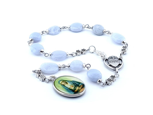 Our Lady of Sorrows unique rosary beads prayer chaplet with blue agate beads, silver Sacred Heart centre medal and picture end medal.