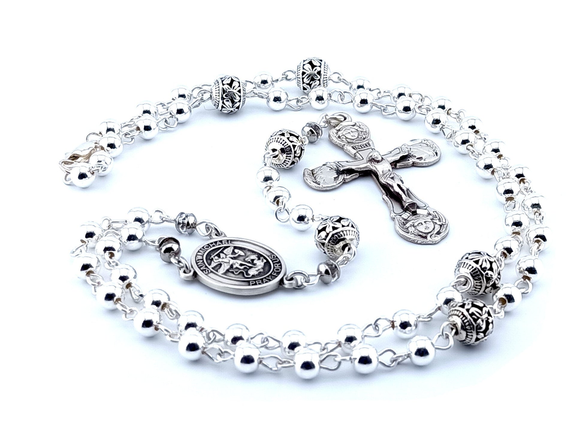 Saint Michael unique rosary beads genuine 925 sterling silver rosary with sterling silver beads, crucifix, centre medal and wire.