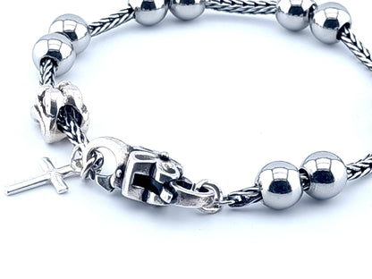 Mother and Child unique rosary beads genuine 925 sterling silver bracelet with stainless steel beads, 925 silver clasp, chain, cross and Mother and child bead.