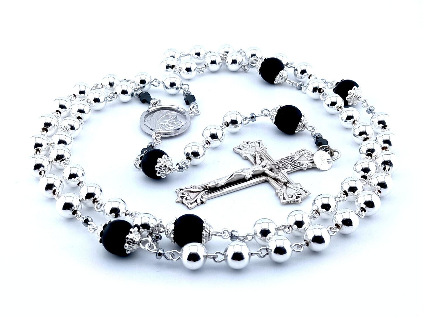 Virgin Mother and Child Jesus unique rosary beads genuine 925 sterling silver rosary with sterling silver beads, crucifix, centre medal and wire.