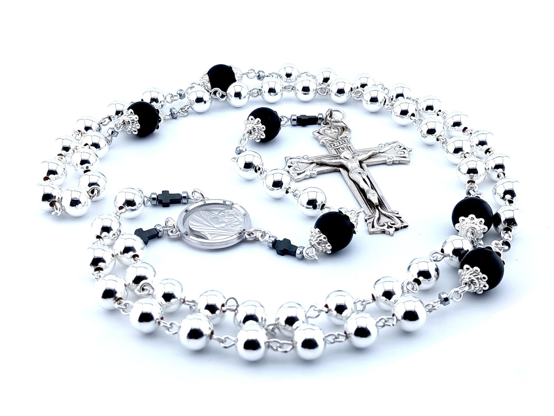 Virgin Mother and Child Jesus unique rosary beads genuine 925 sterling silver rosary with sterling silver beads, crucifix, centre medal and wire.