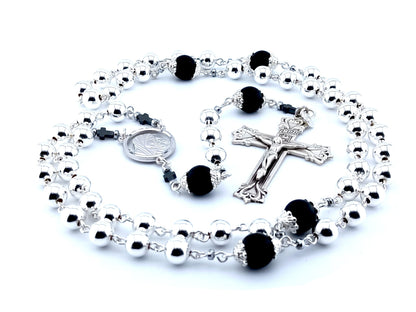 Virgin Mother and Child Jesus unique rosary beads genuine 925 sterling silver rosary with sterling silver beads, crucifix, centre medal and wire.