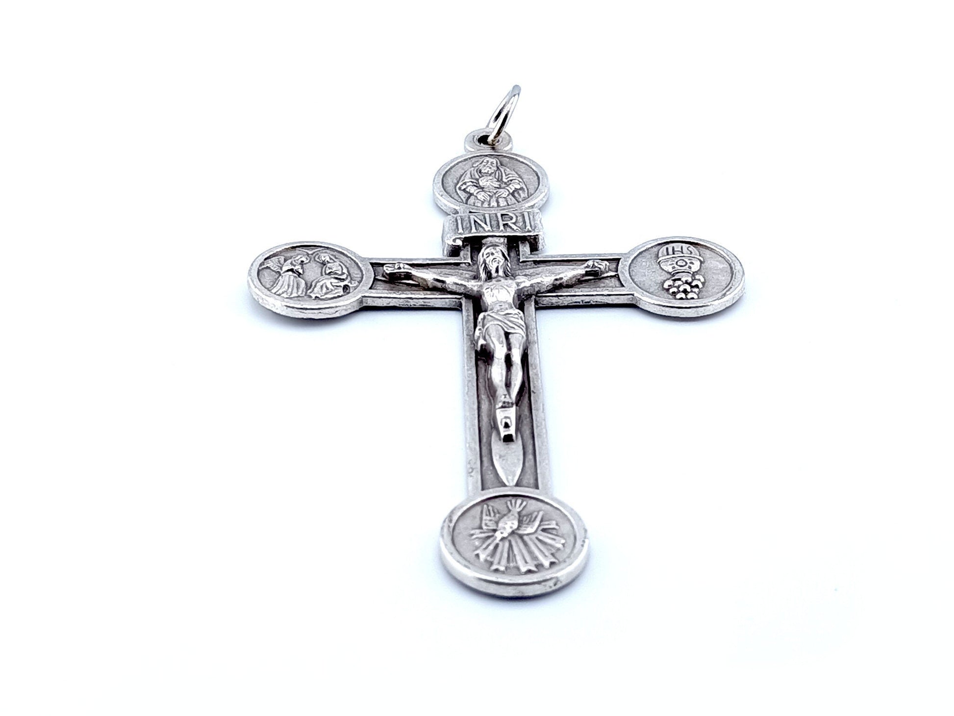 Unique rosary beads 4" wall crucifix of the Holy Trinity, the Host with the four Basilica churches on the reverse.