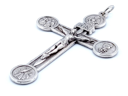 Unique rosary beads 4" wall crucifix of the Holy Trinity, the Host with the four Basilica churches on the reverse.