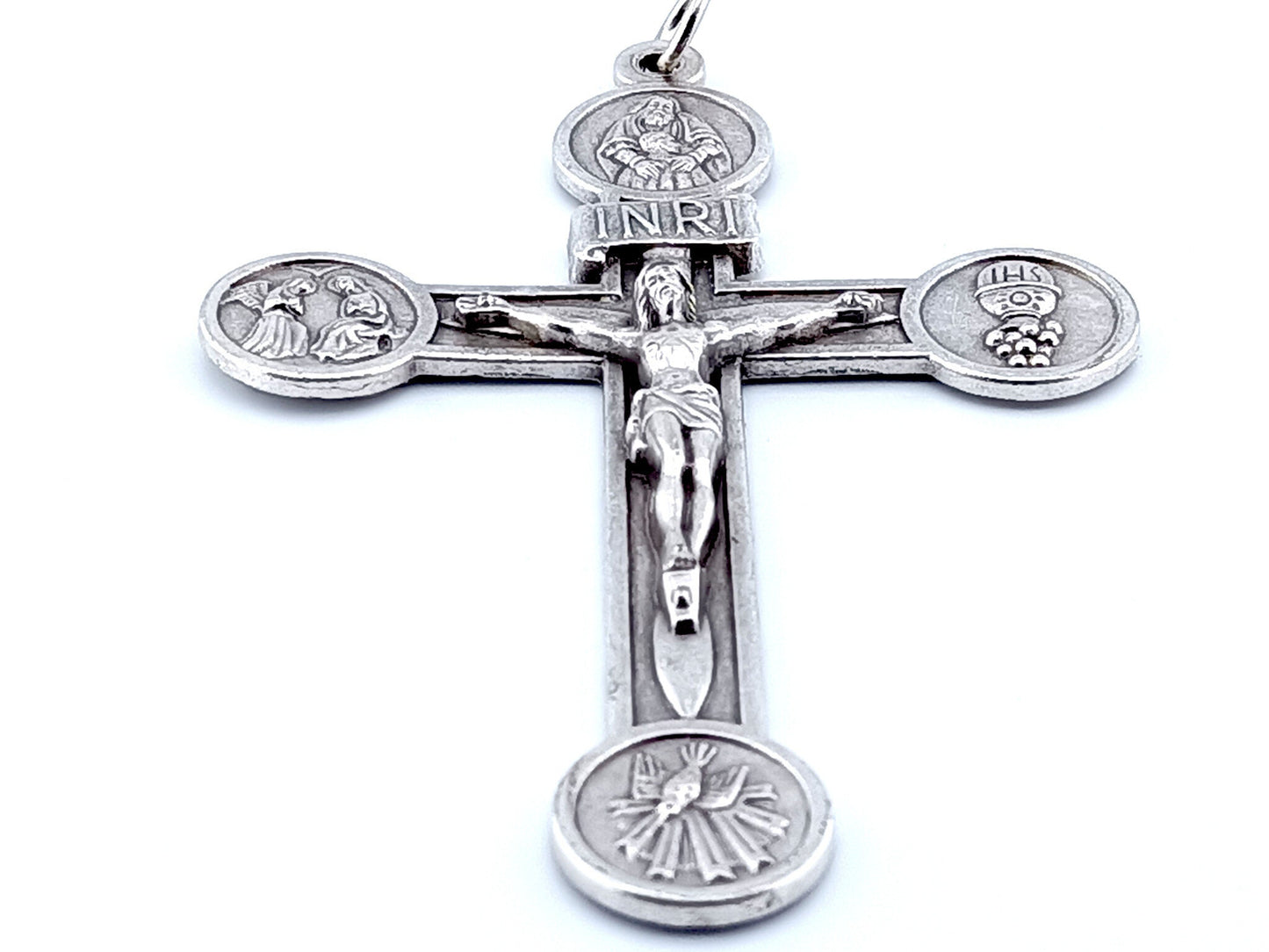 Unique rosary beads 4" wall crucifix of the Holy Trinity, the Host with the four Basilica churches on the reverse.