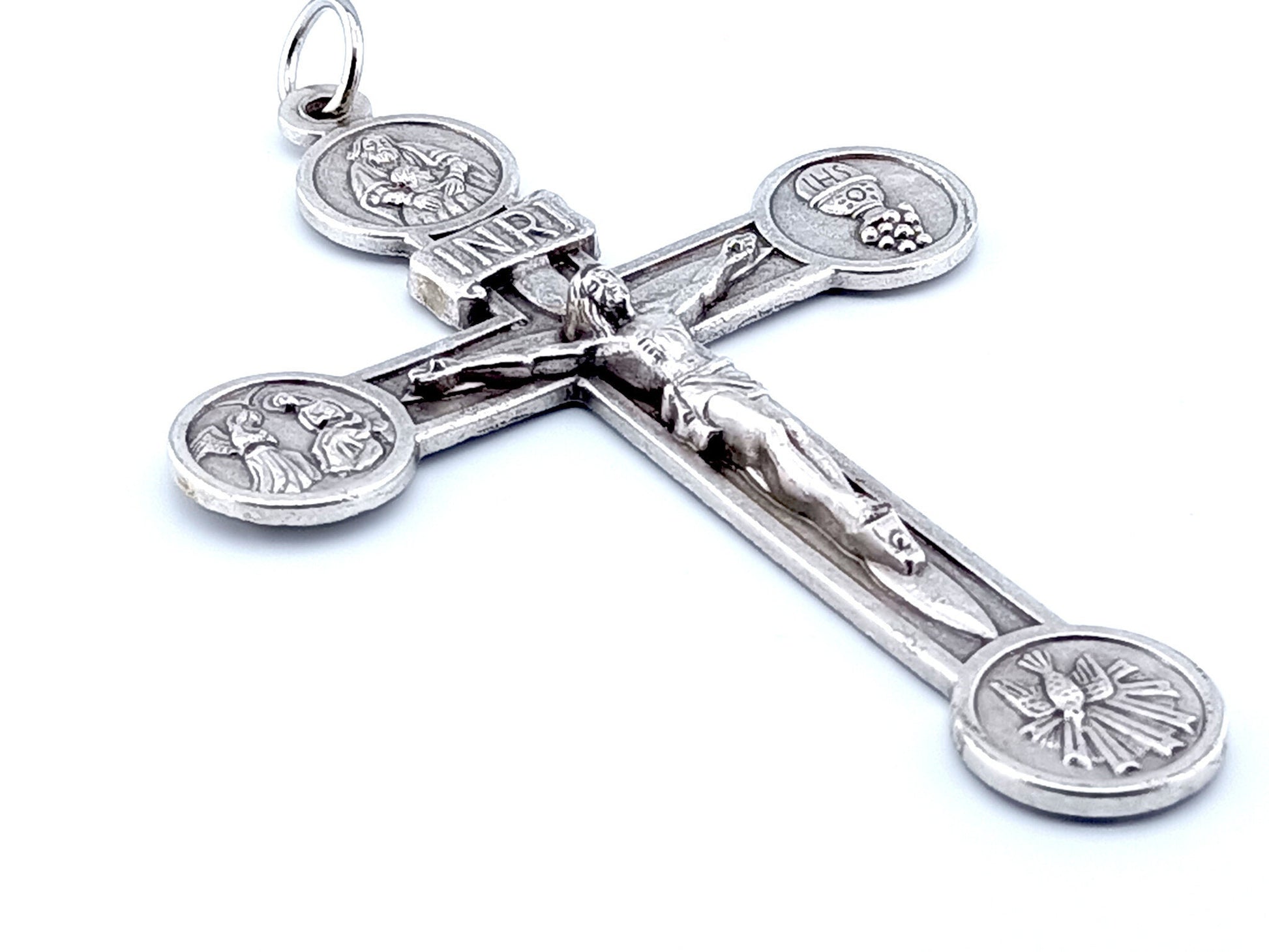 Unique rosary beads 4" wall crucifix of the Holy Trinity, the Host with the four Basilica churches on the reverse.