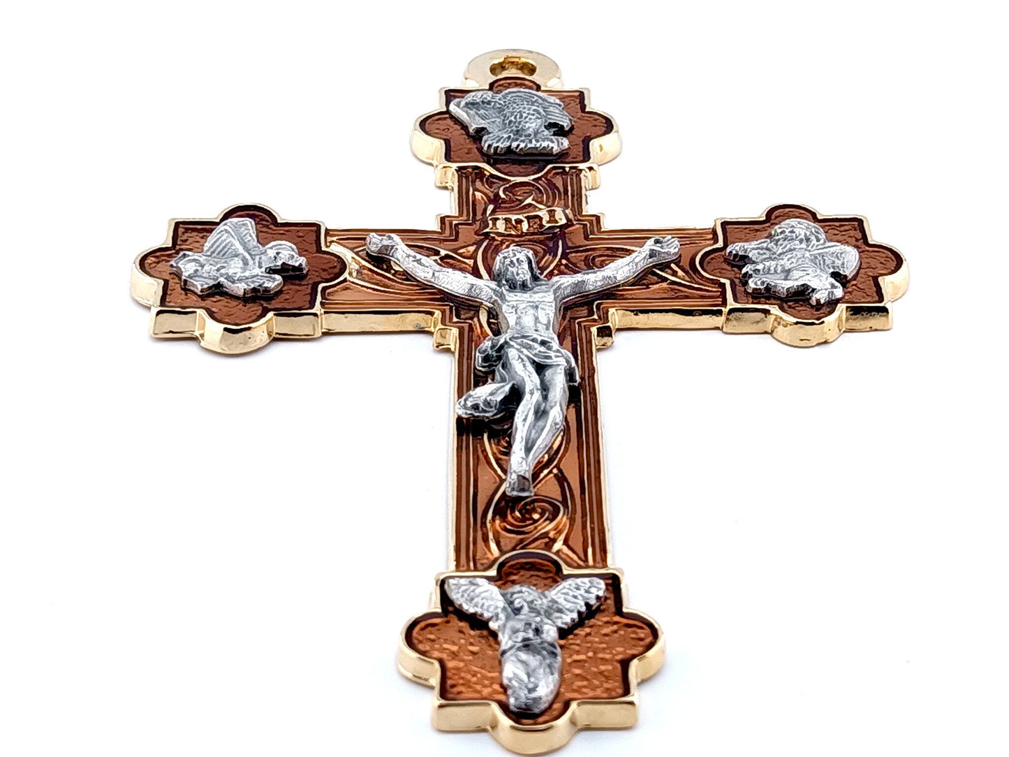 Ornate unique rosary beads 5" wall crucifix or hanging enamel Holy Angels crucifix enamel bronze and gold decorative crucifix.