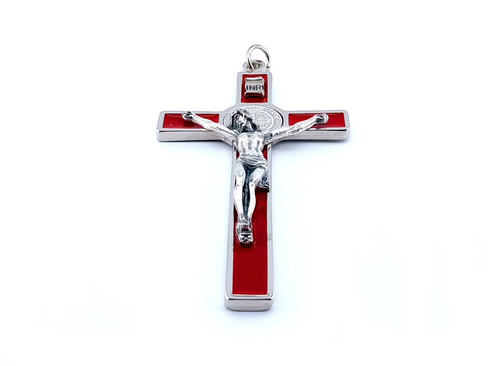 Unique rosary beads red enamel and silver 4.5" Saint Benedict wall crucifix.