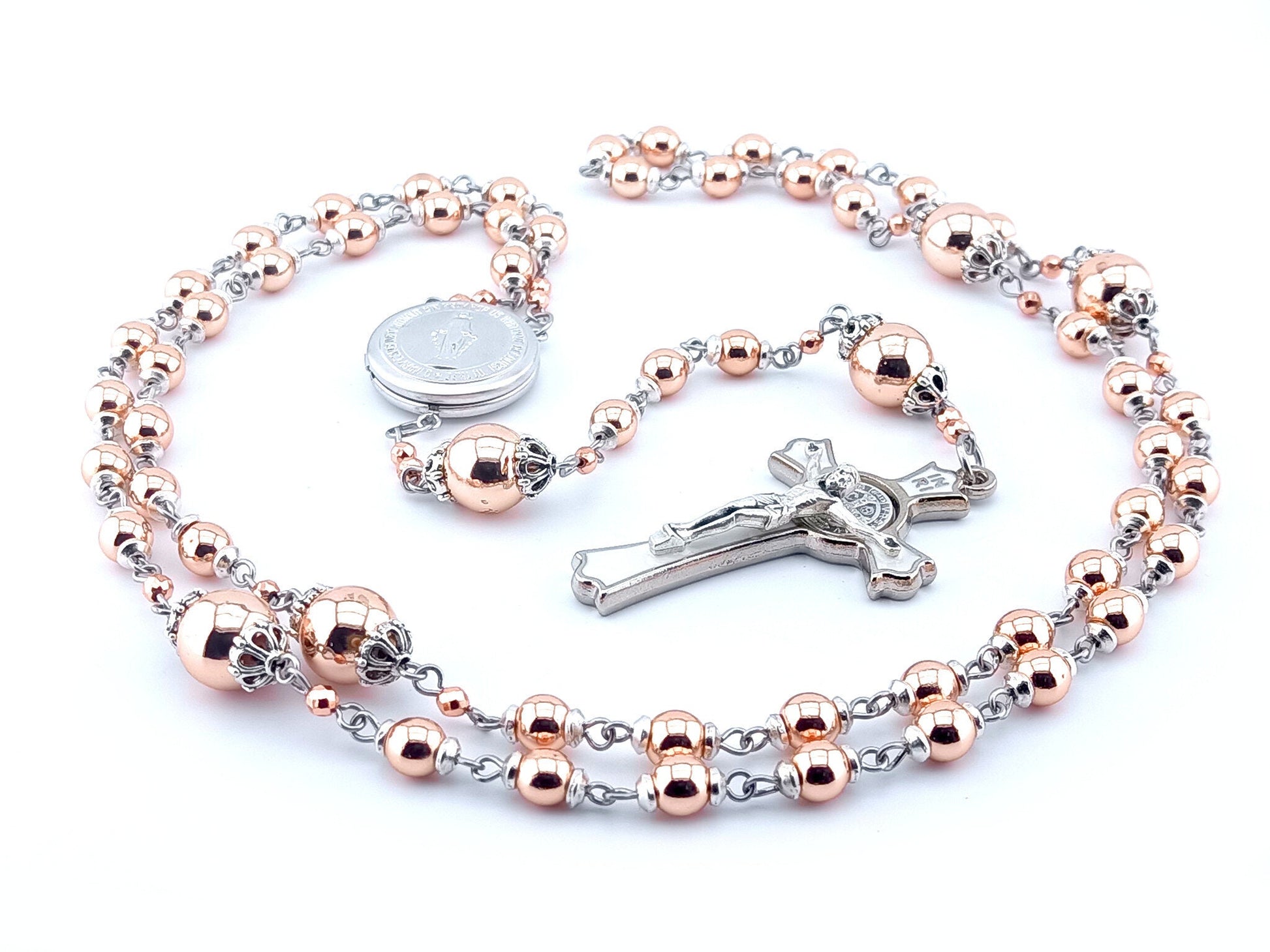 Miraculous medal locket unique rosary beads with rose gold hematite beads, silver and white enamel Saint Benedict crucifix, silver miraculous medal locket centre medal.
