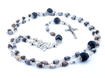 The Nativity unique rosary beads with Job's tears beads, silver crucifix and Nativity centre medal and large agate gemstone pater beads.