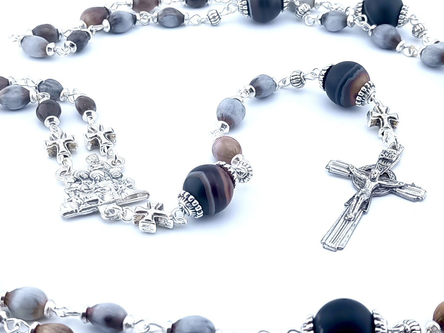 The Nativity unique rosary beads with Job's tears beads, silver crucifix and Nativity centre medal and large agate gemstone pater beads.
