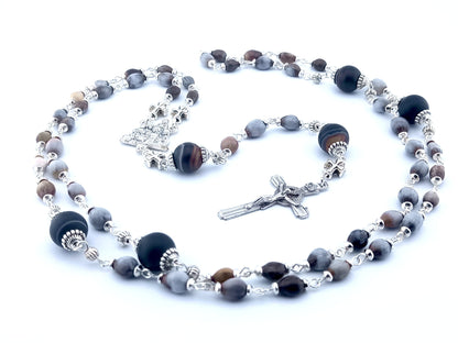 The Nativity unique rosary beads with Job's tears beads, silver crucifix and Nativity centre medal and large agate gemstone pater beads.
