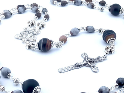 The Nativity unique rosary beads with Job's tears beads, silver crucifix and Nativity centre medal and large agate gemstone pater beads.