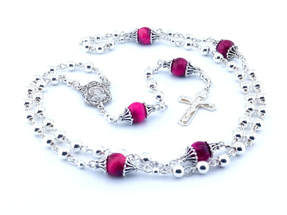 Sacred Heart of Jesus unique rosary beads with 925 sterling silver beads, crucifix and centre medal, pink tigers eye pater beads.