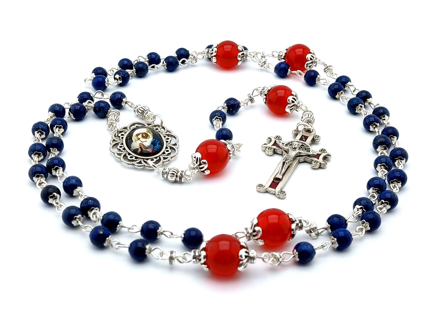 Blessed Virgin Mary unique rosary beads with lapis lazuli and red glass bleads, silver and red enamel Saint Benedict crucifix and picture centre medal.