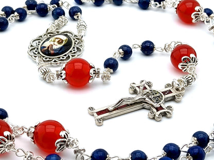 Blessed Virgin Mary unique rosary beads with lapis lazuli and red glass bleads, silver and red enamel Saint Benedict crucifix and picture centre medal.