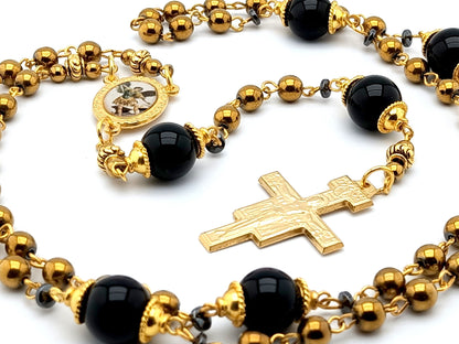 Saint Michael unique rosary beads with gold and onyx gemstone beads, golden crucifix and picture centre medal.