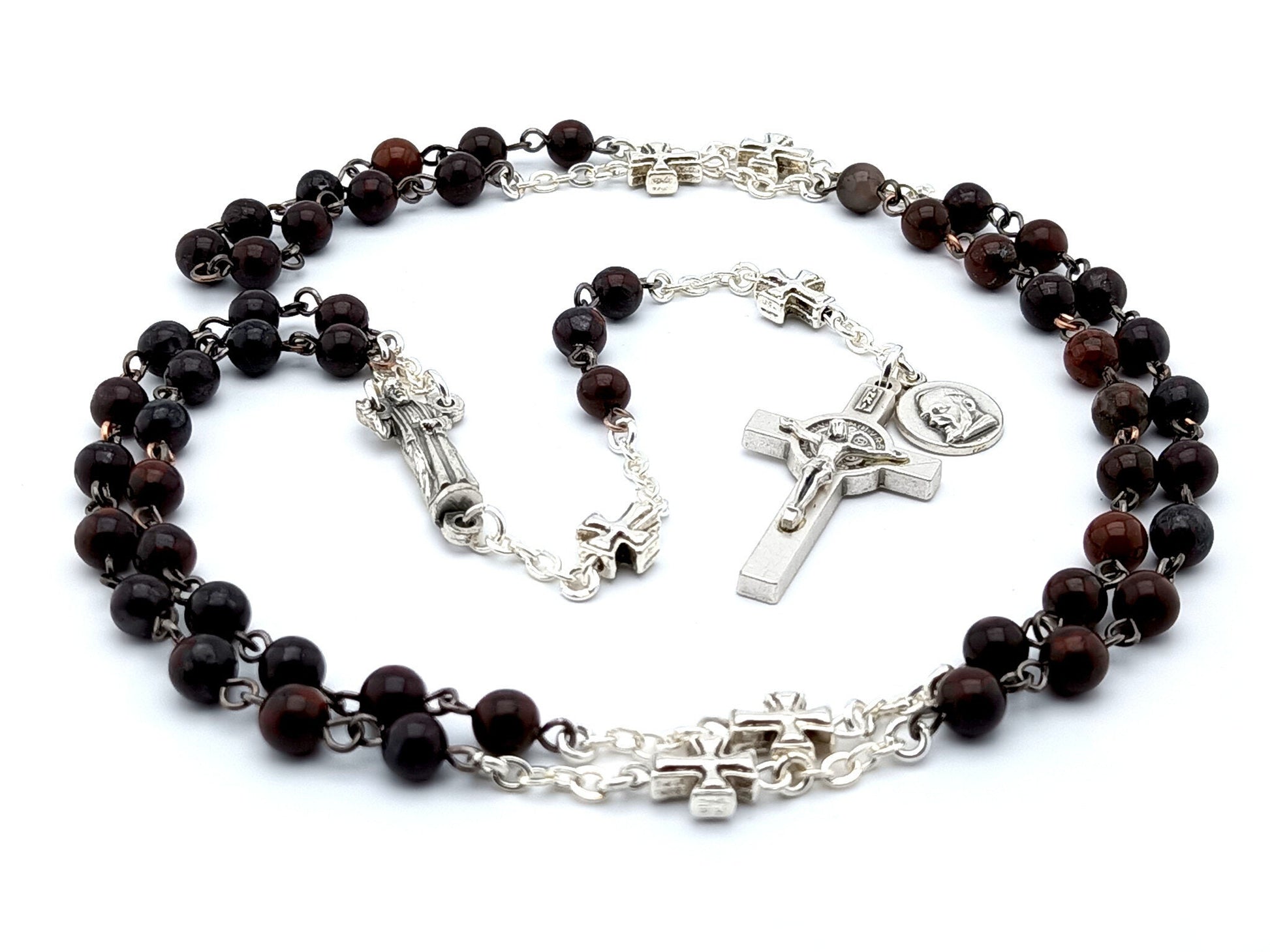 Saint Padre Pio unique rosary beads with deep red gemstone beads, silver pater beads, crucifix and statue centre medal.