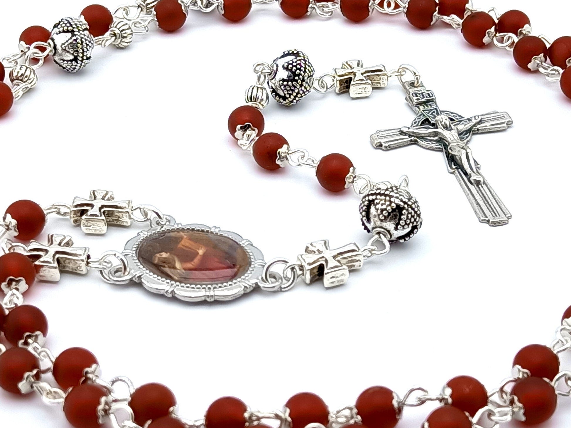 Saint Mary Magdalene unique rosary beads with red agate gemstone beads, silver pater beads, crucifix and picture centre medal.