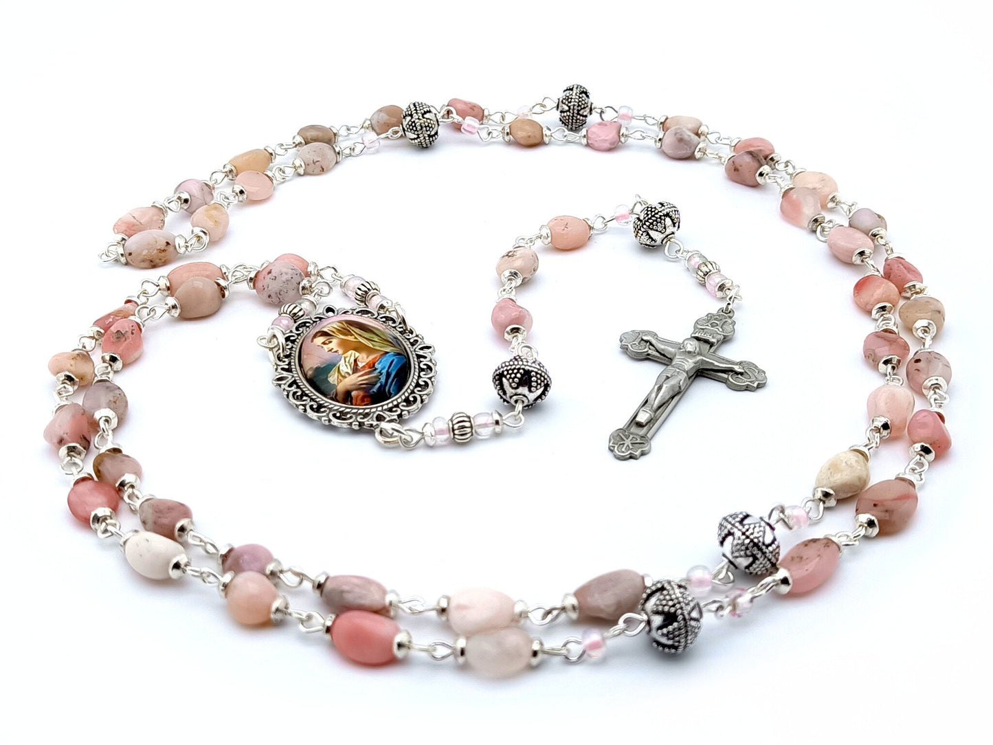 Our Lady's Fiat unique rosary beads with pink opal nugget beads, silver pater beads, crucifix and centre medal.