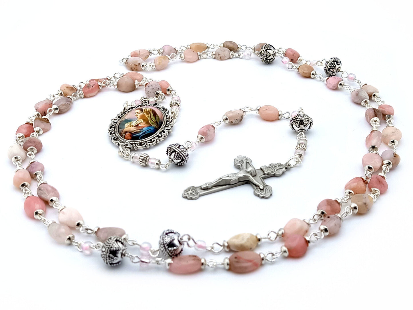 Our Lady's Fiat unique rosary beads with pink opal nugget beads, silver pater beads, crucifix and centre medal.