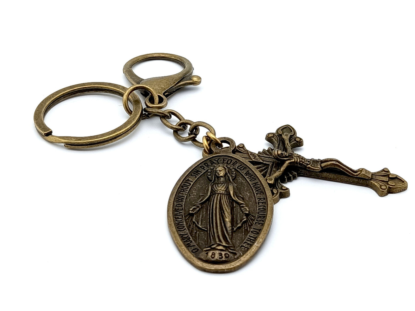 Brass Miraculous medal unique rosary beads Catholic key fob clip.
